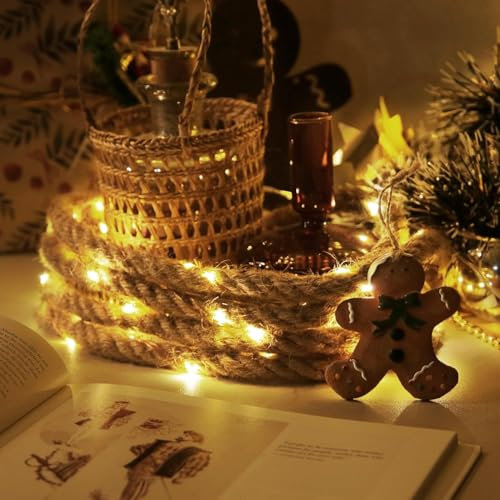 Ciskotu LED Fairy Rope Lights, 60 LEDs String Light Warm White, Waterproof Summer Decoration Sea Christmas Lighting for Decoration Outdoor Garden Patio Balcony 3m (15mm Thick Beige Cotton Rope)