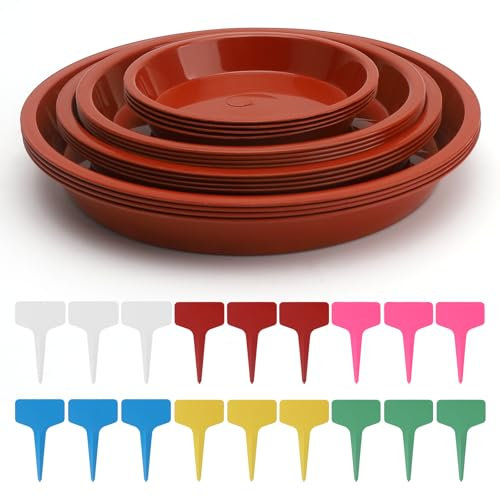 APOMOONS 16 Pezzi di Plastica Rossa Fioriera Sottobicchiere Fioriera con 18 Pezzi Etichetta Pianta Rotonda Sottobicchiere Pianta Rotonda per Piante da Interno ed Esterno