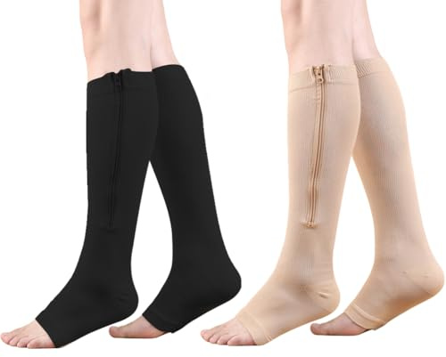 HYCOPROT Zipper Compression Socks for Women Men 2 Pairs Open Toe 15-20 mmHg Compression Stockings for Varicose Veins Running Nurses Pregnancy Travel