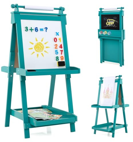 COSTWAY Tafel Kinder, Klappbare Staffelei höhenverstellbar mit Whiteboard & Magnetischer Tafel, doppelseitige Kindertafel mit Papierrolle & 3 Malschüsselchen, Klapptafel für Kinder ab 3 Jahren (Grün)