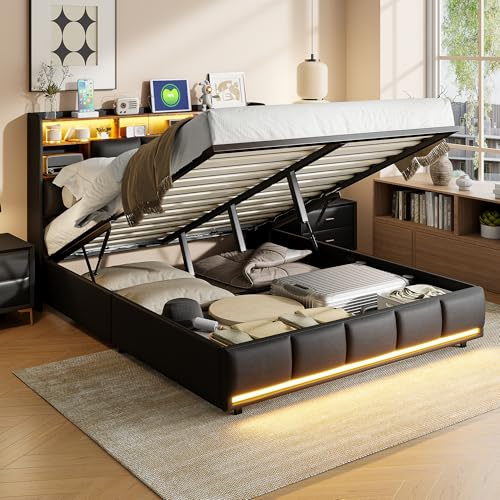 BRILVERDE Polsterbett 140x200 mit Stauraum, Hydraulisch Stauraumbett, Jugendbett mit LED/USB, Bettgestell mit Kopfteil und Lattenrost, Funktionsbett, PU (Schwarz, 140 x 200 cm)