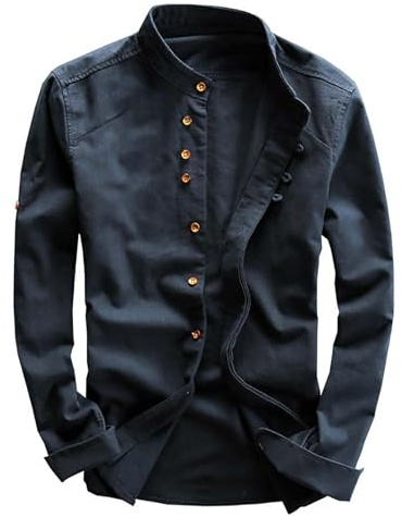 Generisch Camisa de lino de manga larga para hombre, cuello alto, con botones, holgada, transpirable, chaqueta de ocio, chaqueta de traje, chaqueta de algodón, corte grande, sudadera sin capucha, azul