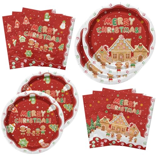 Décorations de fête de Noël en pain d'épices – Comprend des assiettes en carton de Noël, des serviettes en forme de bonhomme de neige, des fourchettes, un ensemble de vaisselle de Noël pour les
