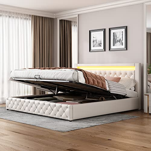 RIAZOS Polsterbett 180x200 cm, Doppelbett mit Hydraulische Stauraum, Kopfteil mit LED, Bettgestell mit Lattenrost, Jugendbett Erwachsenenbett, Kunstleder, Weiß, ohne Matratze