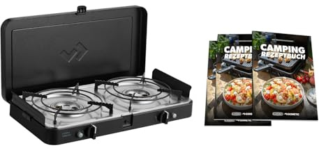 CADAC - 2 Cook 3 Turbo Stove + Camping-Kochbuch - Gas Tischgrill 50mBar | Outdoor Campinggrill Set mit Piezo-Zündung & Rezepten, Grillzubehör & Camping Must-Have, Verwendung im Freien