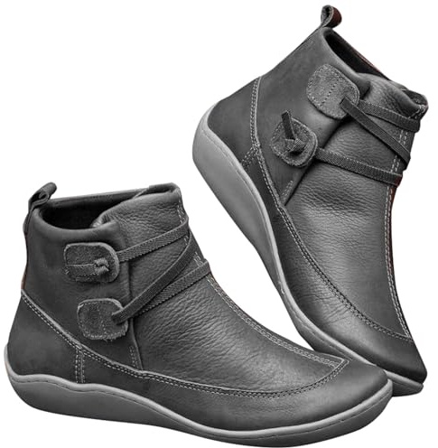 Generisch Bottines pour femme pour l'automne et l'hiver, bottes plates en cuir PU imperméable, confortables, antidérapantes, chaussures médiévales bottines de motard pour femme, bottines plates