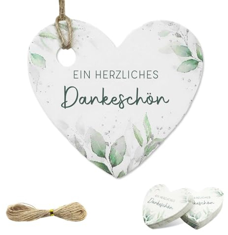 ALLY-MAGIC Danke Anhänger, Hochzeit Herz Eukalyptus 5cm Geschenkanhänger, 100 Stück Dankeschön Kommunion Taufe Konfirmation Etiketten Tags Geschenk Geburtstag Babyparty E21-LYAXBQ