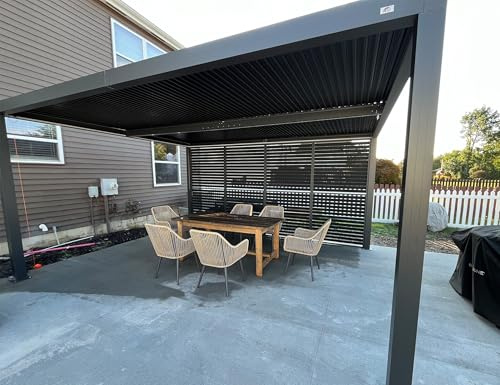 PURPLE LEAF Pergola Bioclimatique 4,8 x 3 m Pergola Aluminium avec Persienne Fixes sur Un Côté, Tonnelle de Jardin Exterieur Lames Orientables pour Patio Terrasse Exterieur, 1 Côté Court, Gris
