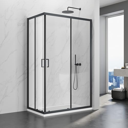 SIRHONA Cabine de Douche 70x100x195 cm Coulissante à Double Ouverture, Noir, Porte de Douche en Verre à Deux Panneaux Fixes avec Verre Transparent de 5 mm, Réglable d'un seul côté 20 mm