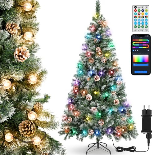 Aigostar 180CM Künstlicher Weihnachtbaum mit Schnee und 10M Intelligente Lichterkette: 66 LEDs (Kugeln), 39 Dynamische Modi, Musik-Sync und DIY-Farben. Weihnachtbaum mit 650 Zweigen, 43 Kiefernzapfen