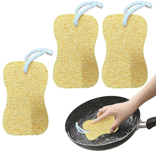Esponjas Naturales - Estropajo De Fibra Vegetal Natural | Estropajo de 3 Piezas de Pulpa de Madera y Algodón para Lavavajillas, Eliminación de Suciedad, Limpieza del Hogar para Cocina, Baño y Lavado d