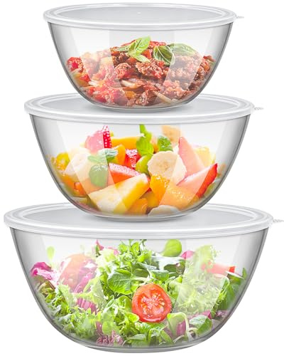 Malloom 3 Pack Glass Mixing Bowls with Lids, Large Kitchen Salad Bowls, Space-Saving Nesting Bowls, Round Glass Serving Bowls for Cooking,Baking,Prepping,Dishwasher Safe (2000ml, 2500ml, 4200ml)