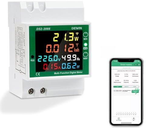 DEWIN Medidor de Consumo Electrico Wifi Monofásico, 6 en 1 Contador Electrico Digital Monofasico Medidor de Energia Electrica Wifi Tuya AC40~300V 100A Voltímetro Amperímetro Carril Din