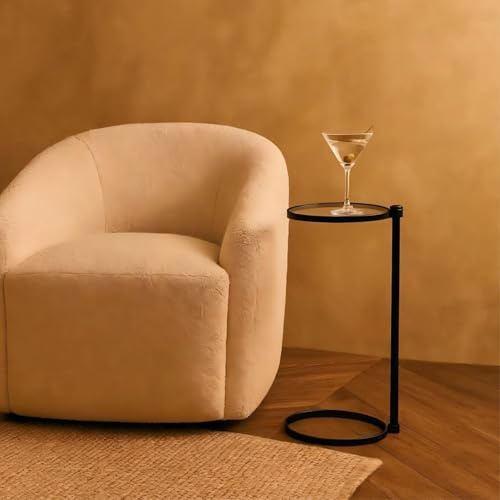 TEHOME Black Glass Drink Table Metal Martini Round Small Drink Side Table for Couch Tempered Glass C Shaped End Table for Sofa 10 diam,24.55 h
