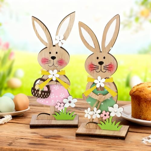 ZoneYan 2 Piezas Figura Decorativa de Madera para Pascua, Conejo de Pascua Decorativo, Figuras de Conejito de Pascua, Decoración de Pascua de Madera para Colocar en Exterior, Mesa, Jardín