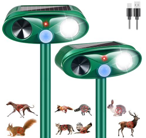 Upgraded Cat Deer Repellent Devices Solar Ultrasonic Animal Repeller Outdoor with Motion Sensor & Flashing Light, Animal Deterrent Devices for Squirrel Raccoon Dog Rabbit Skunk for Yard Garden, 2 Pack