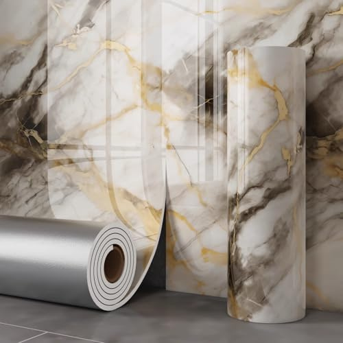 Papel tapiz Papel pintado autoadhesivo dorado con efecto de baldosa de imitación de mármol para cocinas y baños resistente al agua y a la humedad adecuado para la renovación de muebles Jinshi 400*30