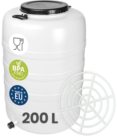 Garronda 200 L e rubinetto e pressa Fusto Bidone Plastica Mastello in HDPE come Contenitore e Serbatoio Acqua e Alimenti per Stoccaggio, Fermentazione e Raccolta Acqua Piovana GD-0187 Bianco