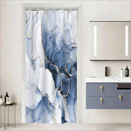 Uiiooazy Tenda Doccia Antimuffa 90x180cm Effetto Marmo Blu Navy Gradiente | Tenda da Doccia Sfumata Blu Grigio Moderna Impermeabile Tessuto in Poliestere Lavabile per Vasca da Bagno con 6 Anelli