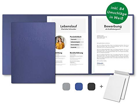 15 Stück 3-teilige Bewerbungsmappen Blau mit 2 Klemmschienen in feinster Lederstruktur - hochwertige Prägung ''BEWERBUNG'' - inkl. 15 Versandumschläge in Weiß - direkt vom Hersteller STRATAG