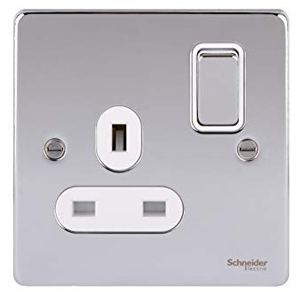 Schneider Electric GU3510WPC Ultimate Low Profile Polished Chrome White Insert 1 Gang 13A Switched Socket