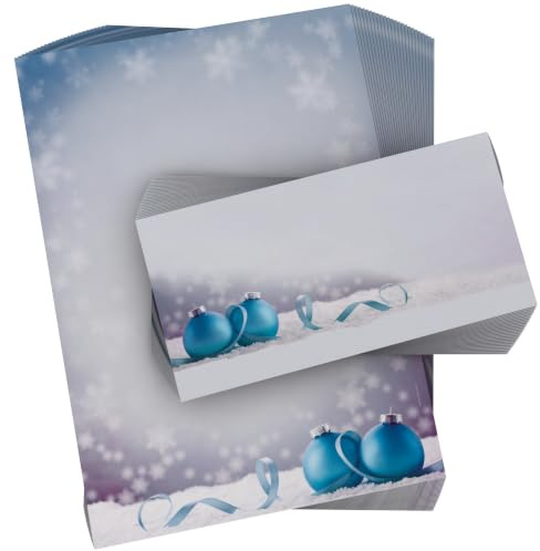 Weihnachtsbriefpapier mit Umschlag 100-tlg | Weihnachtskugeln im Schnee | 50 Blatt DIN A4 + 50 Briefumschläge OHNE FENSTER im DIN LANG-Format | Briefpapier Set