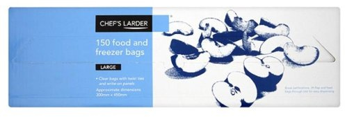 Chef’s Larder Large Clear Food & Freezer Bags 150 Pack 300mm x 450mm | With Twist Ties & Write-On Panels | Heavy Duty Storage Bags for Freezer, Kitchen & Food Prep
