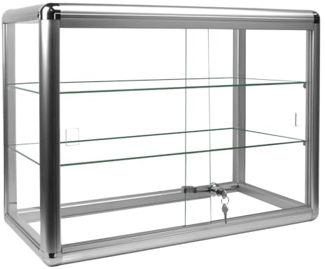 Elegant silver anodiserad aluminium display bord skiva härdat glas showfodral. Skjutdörrar i härdat glas med nyckellås-