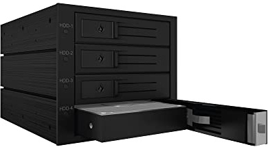 ICY BOX Wechselrahmen Backplane für Festplatten, 4x 3,5 Zoll in 3x 5,25 Zoll Schacht, SATA, Lüfter, Metall, Schwarz