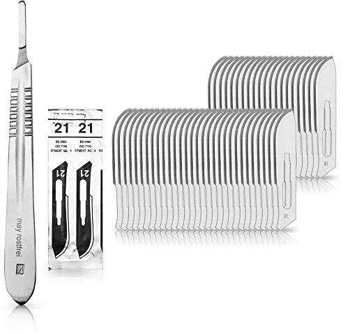 Set avec 50 x lames de scalpel N° 21 - Lame stérile en acier au carbone et 1 x May - manche de scalpel Figure N° 4 en acier inoxydable
