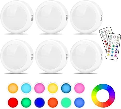 Under Cabinet Lights RGB Wireless Lights LED Closet Lights Night 3000K Dimmable 6pc Cadrim 13 Colors Changing Remote Control Brightness Adjustable Timer Battery Powered Light Kitchen Wardrobe Cupboard