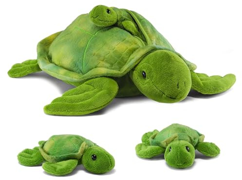 Prextex Plüsch-Schildkröte mit 3 kleinen Plüsch-Baby-Schildkröten Reißverschluss Kuschelschildkröte Sammlung Plüschtiere Spieleset