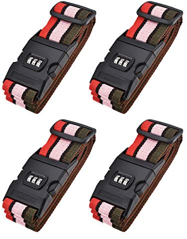 sourcing map Gepäckgurte Koffergurte mit Schnalle, Zahlenschloss, 2 m x 5 cm, verstellbar, PP, Reisezubehör, mehrfarbig (rot, rosa, dunkelgrün), 4 Stück