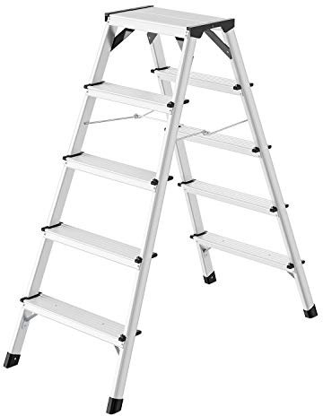 Hailo D60 StandardLine Alu-Doppelstufenleiter - 2x5 Stufen bis 150 kg - Leiter mit Spreizsicherung - Füße mit Soft-Grip-Sohle - mit stabilen Eckversteifungen - Alu Bockleiter rostfrei - Silber