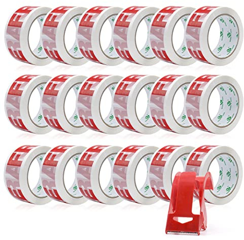 BOMEI PACK Nastro adesivo da imballaggio stampato fragile, nastro adesivo da imballaggio con dispenser per pacchi 48 mm x 66 m, 18 rotoli