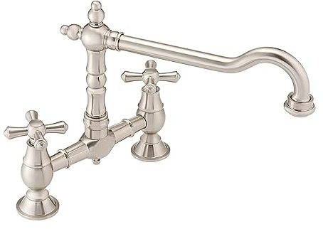 ENKI KT115 Langley Bridge Traditional Kitchen Tap, Brushed Nickel | Solid Brass, Compression Valves, Low Pressure Compatible, Swivel Spout, Easy Install, Swan Neck