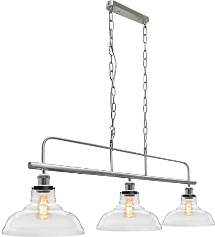 Brush Chrome Bar Pendant Light 3 Lamp Clear Glass Shade Suspended Ceiling Light Industrial Vintage H3011