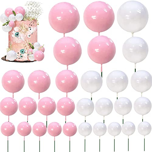 Topper Foam Ball Torta,50 Pezzi Mini Topper Torta Palloncino Topper Inserto per Torta Cupcake Palline Perle Finte Schiuma Sfera,per Anniversario Festa di Compleanno Baby Shower (rosa e bianco)