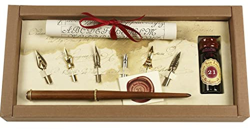 ROCKING GIFTS Antikes Rubinato Schreibset mit Holzfeder, 6 Federn, Tintenfass und Einer Schriftrolle