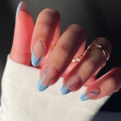 Ceboic 24 Stück Mandel Nägel Zum Aufkleben Kurz, Glossy French Blaue Wellen Künstliche Nägel, Nude Glitzer Stiletto Acryl Kunstnägel Press on Nails Fingernägel Fake Nails für Frauen und Mädchen