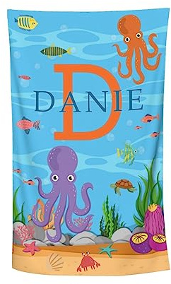 Naispanda Personalisiertes Kinder Strandtuch, Personalisierte Badetuch mit Cartoon-Meerjungfrau Krabbe Hai Seepferdchen Meeresschildkröten Mustern, Mikrofaser, 130 x 80 cm, Blau