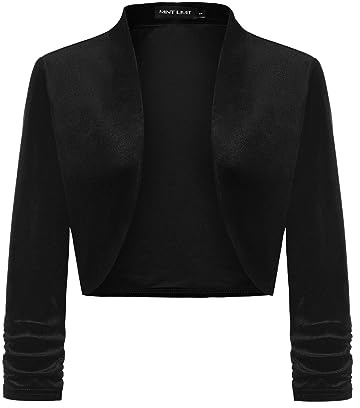 MINTLIMIT Women's Ruched 3/4 Sleeve Velvet Shrug for Dress Open Front Cropped Bolero Cardiganss (Black - Size XL)