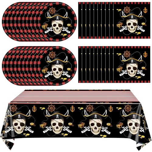 Ryzovo 41pcs Pirate Tableware Set Includes 20 Plates, 20 Npkins and 1 Tablecloth, Pirate Ship Theme Party Supplies Decorations Pirate Dinnerware for Adult Teens Kids Table Decor, 20 Guests