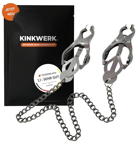 KINKWERK Nippelklemmen mit Kette und Silikon-Stimulationspads für Frauen & Männer | Starke Klemmkraft & Schutzpads für intensiven Genuss | BDSM, Sexspielzeug für Paare (Metall)