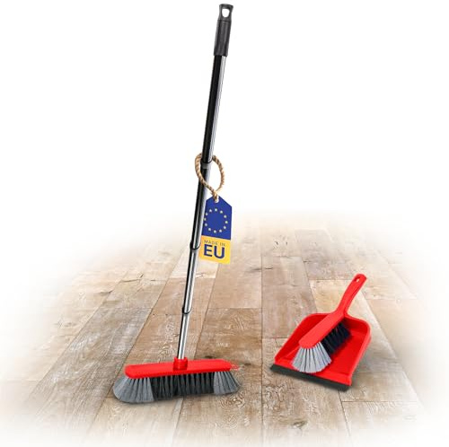 Novaliv Escoba de madera de 30 cm, cerdas de arte finas y recogedor, escoba de plástico con mango muy estable con rosca