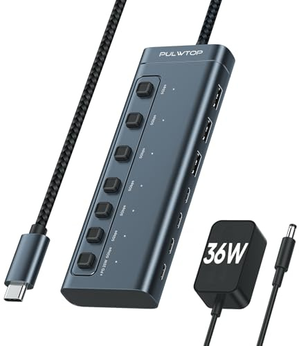 PULWTOP USB C Hub Aktiv mit 36 W, 7-Ports Powered USB 3.1 Hub mit USB-A/C-Datenanschlüssen und individuellem EIN-/Ausschalter, Multi-USB-Splitter Wird mit 1 intelligenten PD20W zum Aufladen