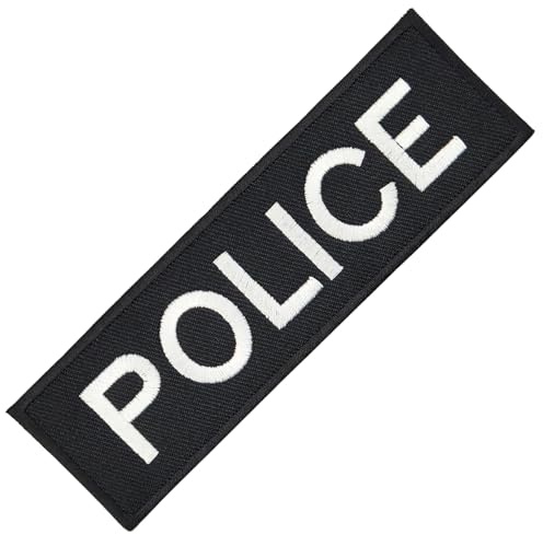 Police Abzeichen Weiß Aufnäher zum aufbügeln oder aufnähen Bügelbild Aufbügler für Kleidung gestickter Bügelpatch Applikation USA Karneval Fasching Kostüm Patch Größe 13 x 4 cm