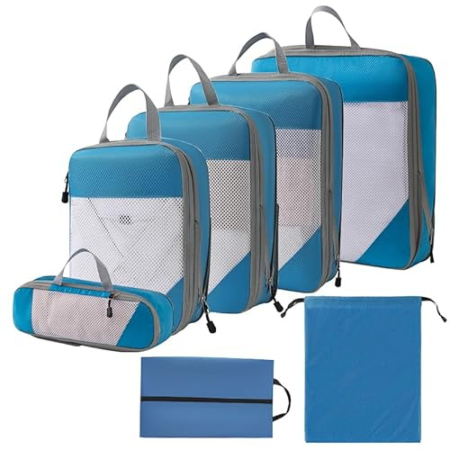 Kompressionsförpackningskuber, RUIOMII 7 st resetillbehör resetillbehör, hållbara packpåsar, packorganisatörer, väskor, kläder, skor, kosmetika förvaringsväskor (set med 7, blå)