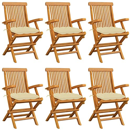 ARKEM Gartenstühle mit Cremeweißen Kissen 6 STK. Massivholz Teak Klappstuhl Balkon Gartensessel