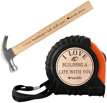 Personalisiertes Valentinstag-Maßband-Hammer-Set, personalisierbar, I Love Building A Life with You, Maßband, Holzgriff, Hammer, Set, Valentinstag, Jahrestag, Werkzeug, Geschenk für ihn, Ehemann,